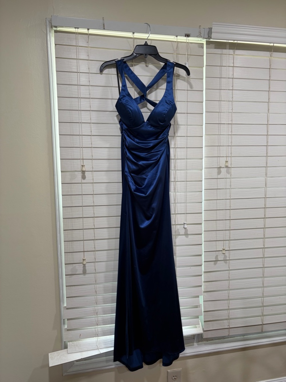 B Darlin Navy Satin Maxi Dress with Crisscross Back